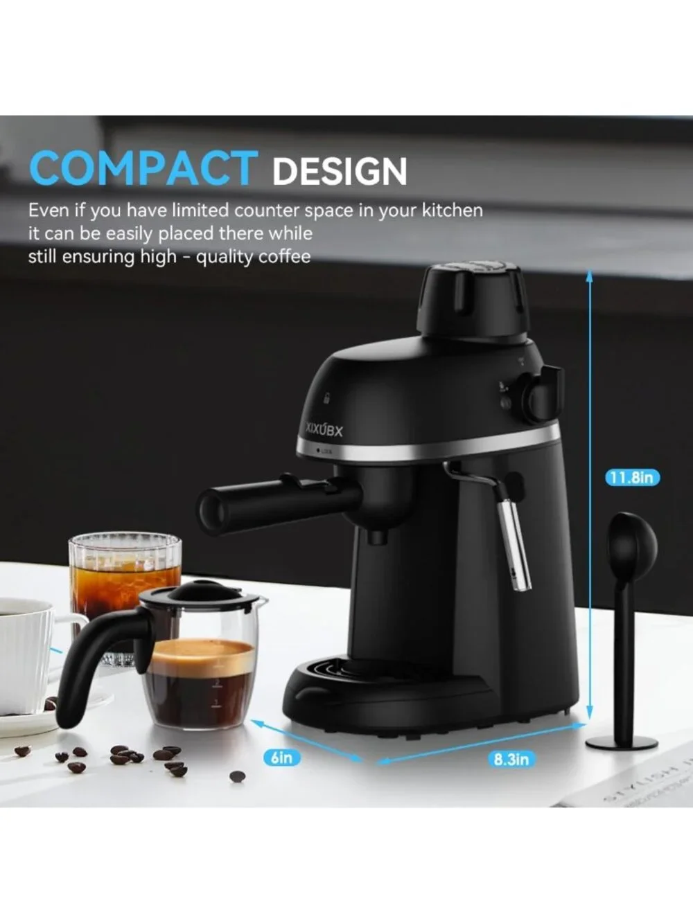 Compact Espresso & Cappuccino Maker, 3.5 Bar Pressure, Steam Wand for Home